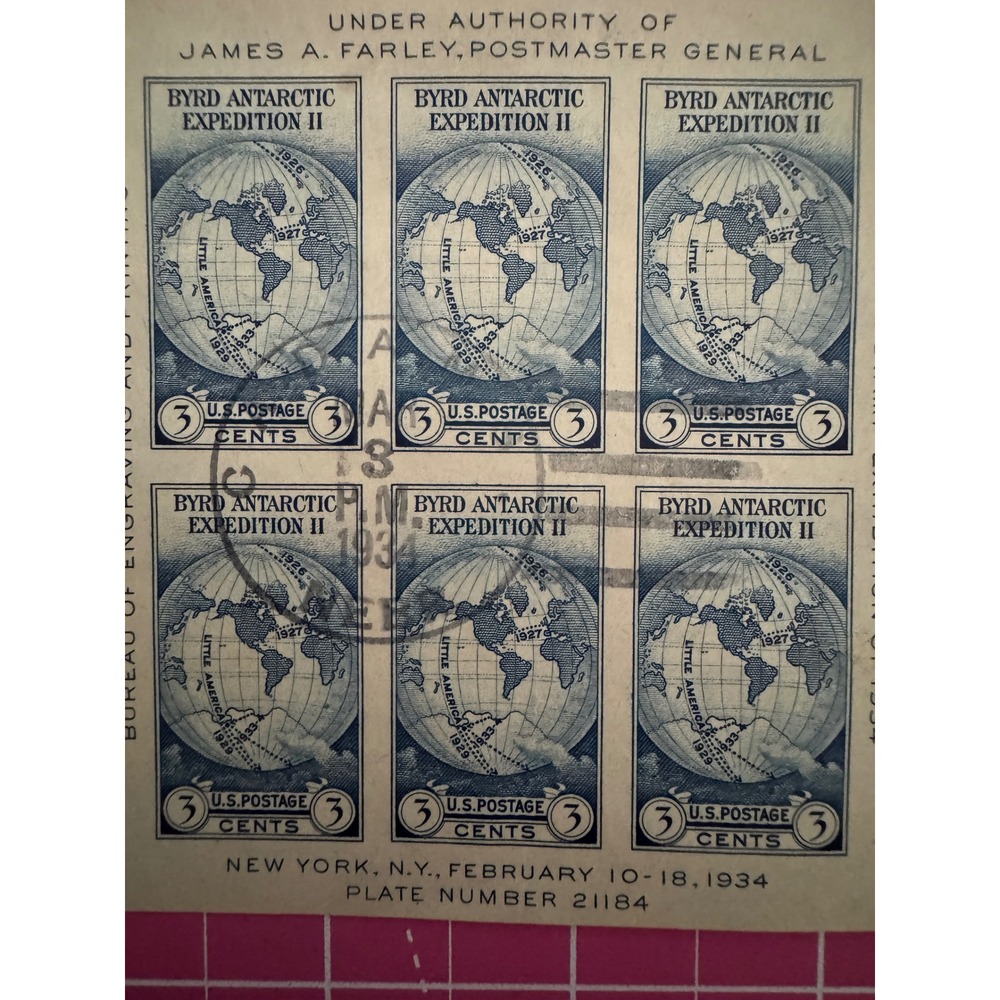 1934 Byrd Antarctic Expedition II Souvenir Stamp Sheet 3 Cent Plate 21184